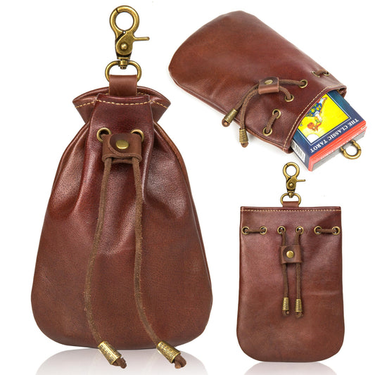 CHULEAG Vintage Medieval Drawstring Belt Pouch, FULL-GRAIN Leather, handmade, portable coin&dice purse with keychain. (Big)