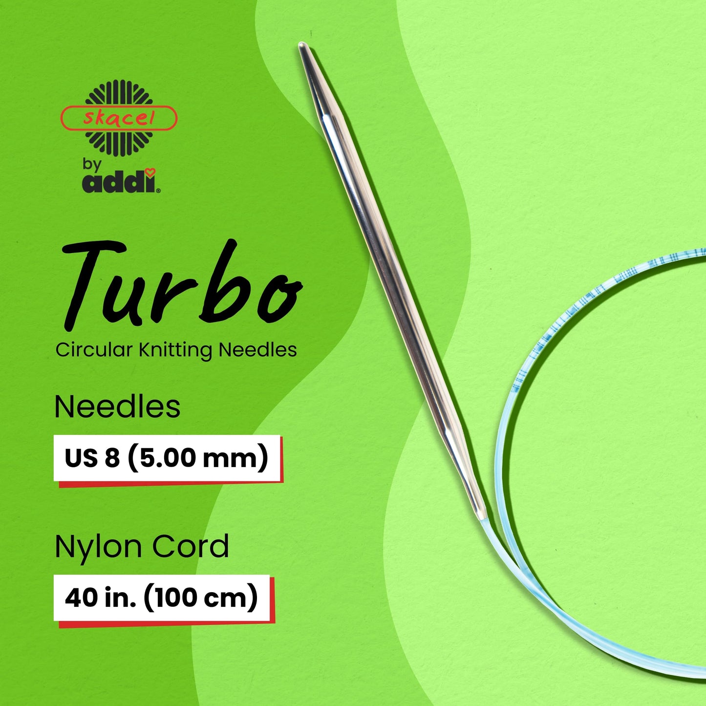 skacel by addi Turbo Circular Knitting Needles, Fixed 40 Inch (100 cm) Plated Brass Tips with Flexible Nylon Cord, 5 mm (US Size 8)