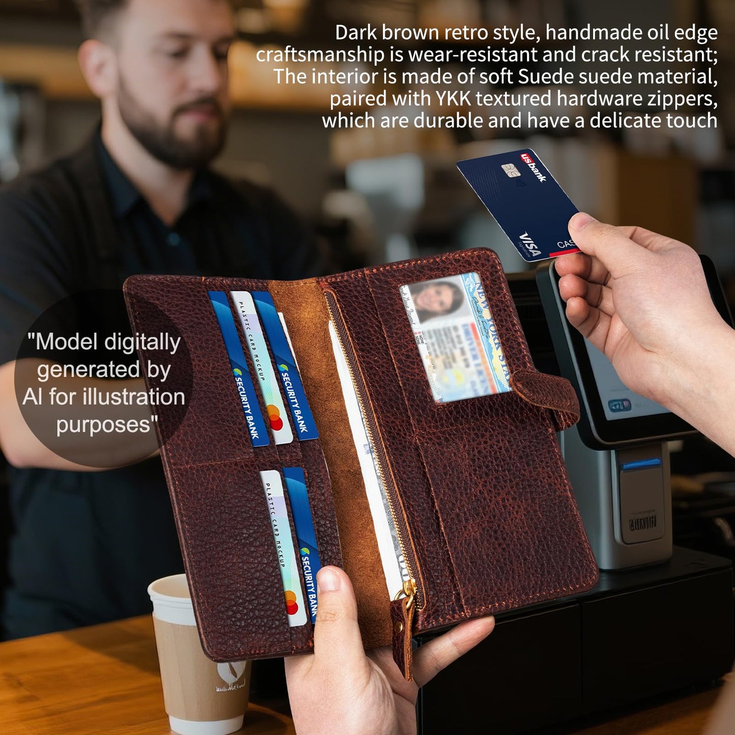 RMAWRAD genuine leather long bi-fold wallet/card holder, unisex, made of full-grain cowhide, with card slots and a coin purse, dark brown.