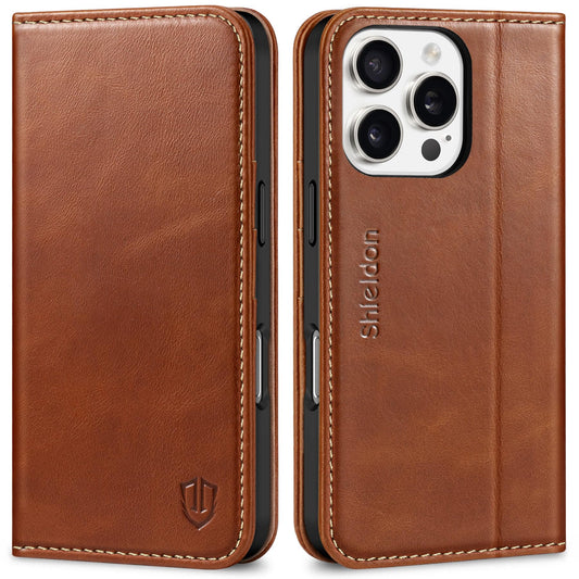 SHIELDON Wallet Case for iPhone 16 Pro 6.3" 2024, Genuine Leather Folio Magnetic Closure RFID Blocking Card Holder Kickstand Full Protection Phone Case Compatible with iPhone 16 Pro - Retro Brown