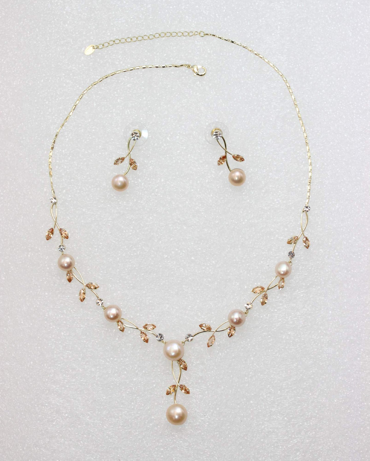 Faship Champagne Brown CZ Crystal Pink Genuine Freshwater Pearls Floral Necklace Earrings Set - Topaz Color Brown