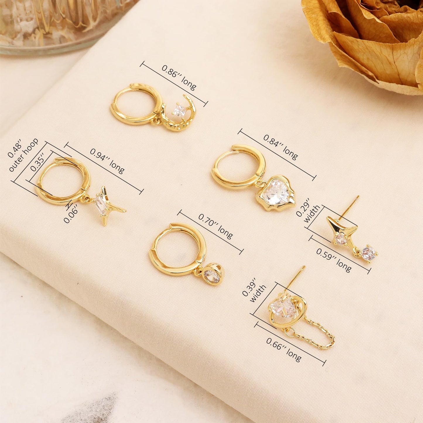 Frigotine 3PCS Gold Heart Hoop Stud Earrings Stack Set for Women, Dainty Rhinestone Star Moon Planet Chain Love Multiple Piercing Cartilage Prom Fashion Jewelry Gift
