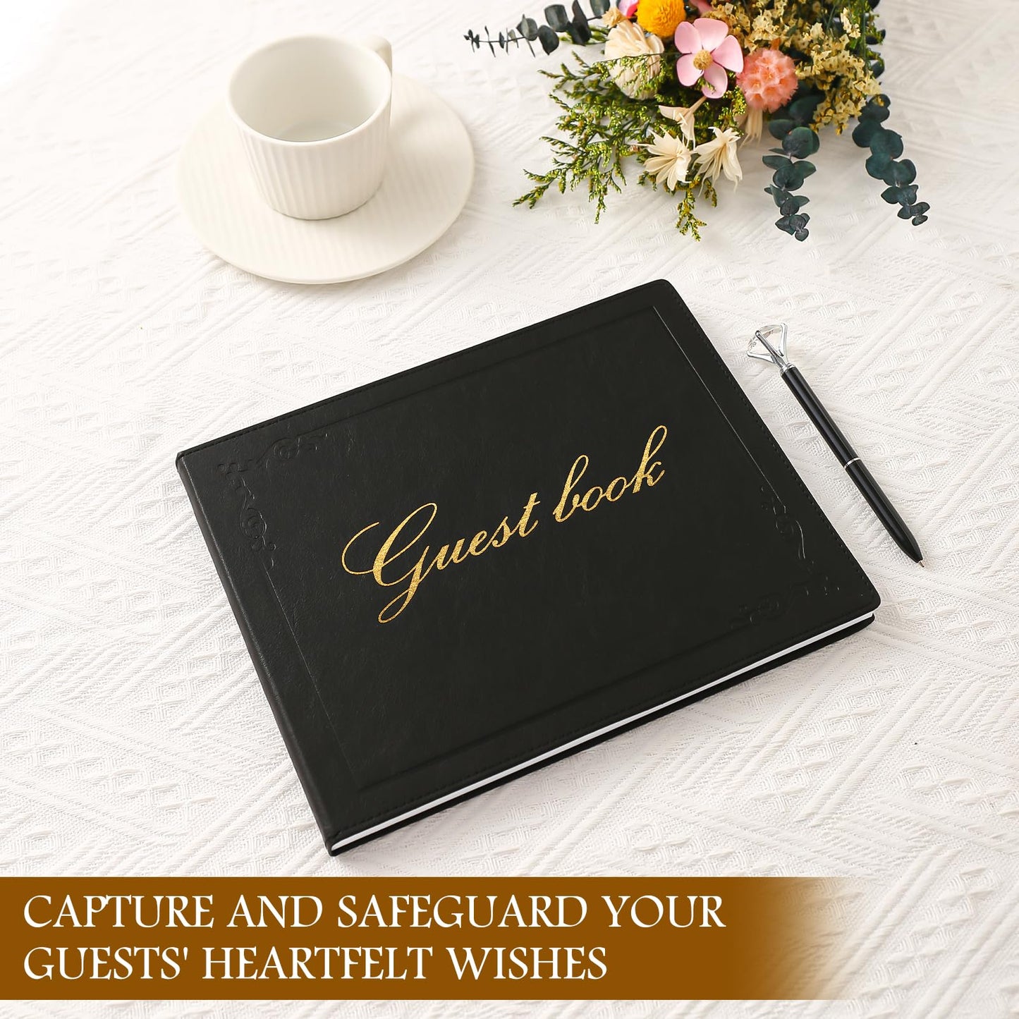 Rolarhola 8x10 Leather Guest Book and Standup Sign Set, Gold Foiled Cover Registry Book for Wedding Reception, Retirement Party, Vacation Homes and Events, 120 Pages (Black)