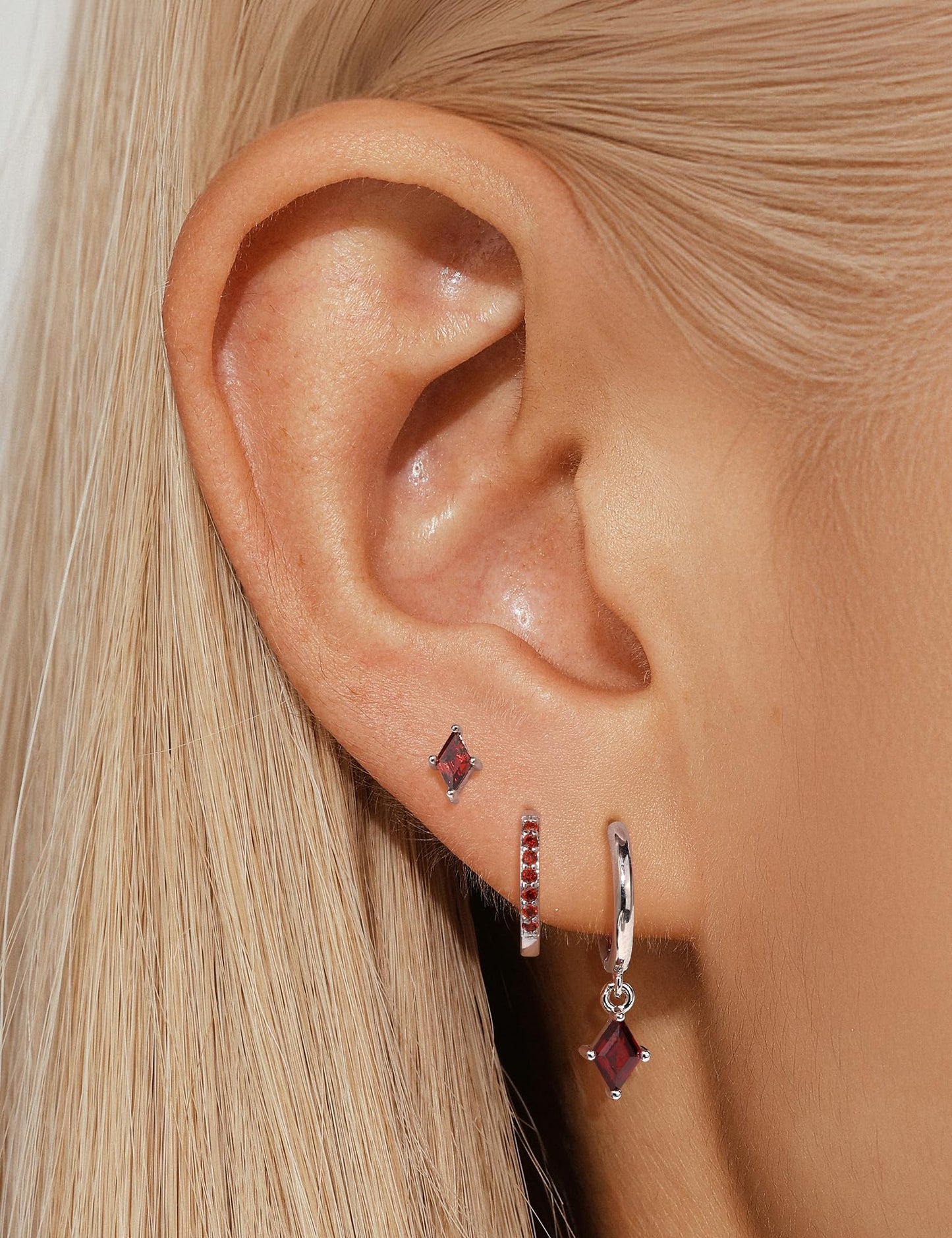 Angelady 3 Pairs Sterling Silver Hoop Earrings Set for Women, Hypoallergenic Red Silver Earrings, Dainty Huggie Hoops Ruby Earring Cartilage Stud Earring Stacks Trendy Red Jewelry Gifts