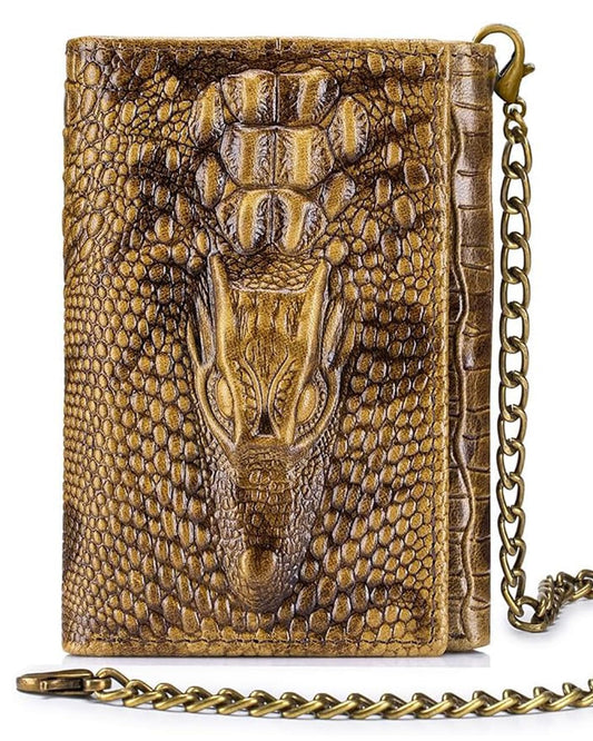 Steel Lion Mens Trifold Wallet Leather RFID Blocking, Crocodile Embossed Slim Wallet with 2 ID Window, 11 Card Slots, Detachable Anti-Theft Chain, Compact Wallet for Business Travel Daily Use (Brown)
