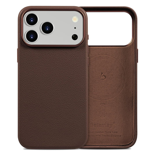 Belemay Handcrafted Premium Tumbled Leather Case for iPhone 17 Pro, Compatible with MagSafe, Distinctive Texture, Natural Patina, Camera Control Button, Metal Buttons Phone Cover (6.3"), Brown