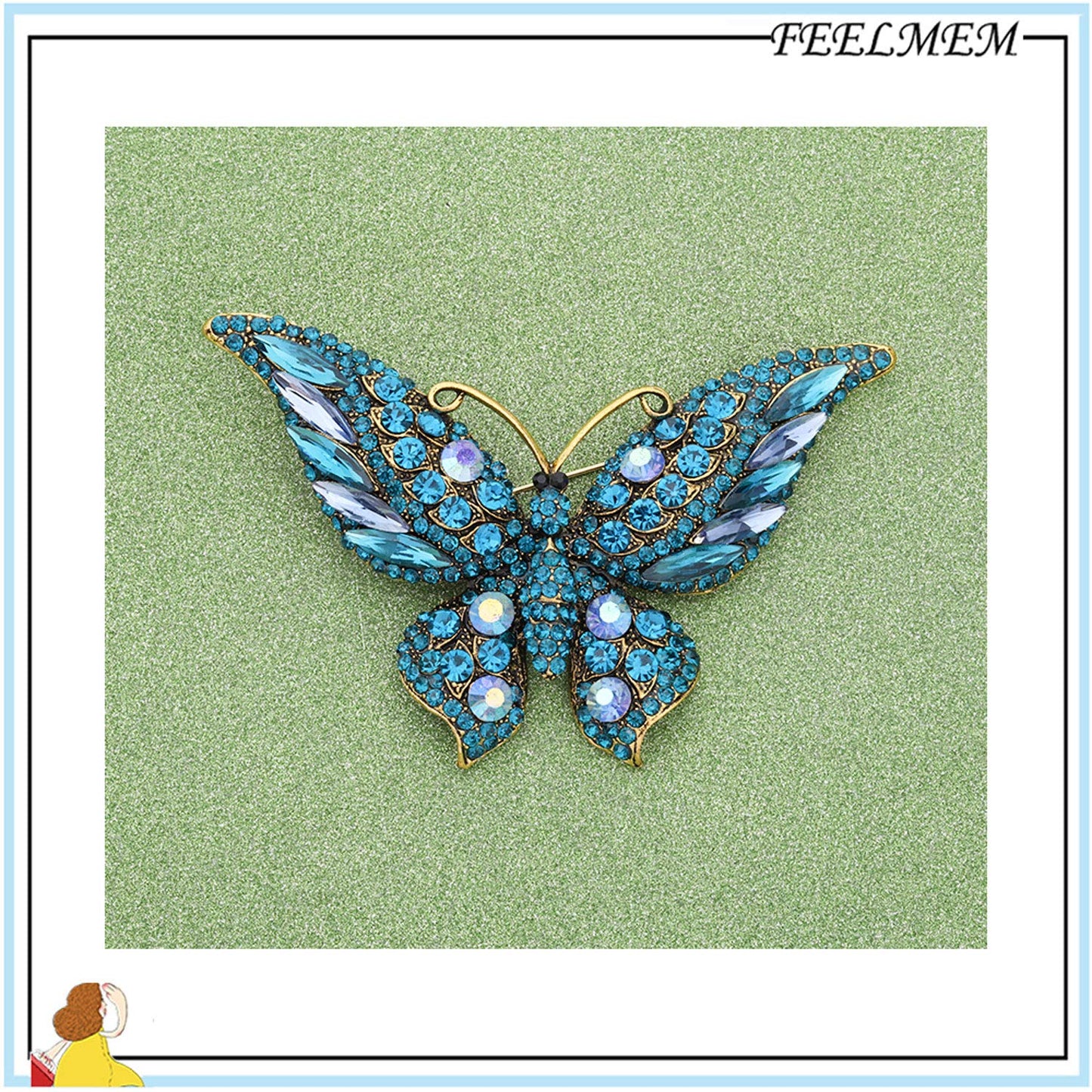 FEELMEM Crystal Rhinestone Butterfly Brooch Pin Blue Color Butterfly Brooches for For Women Wedding/Banquet/Birthday Party (blue-2)