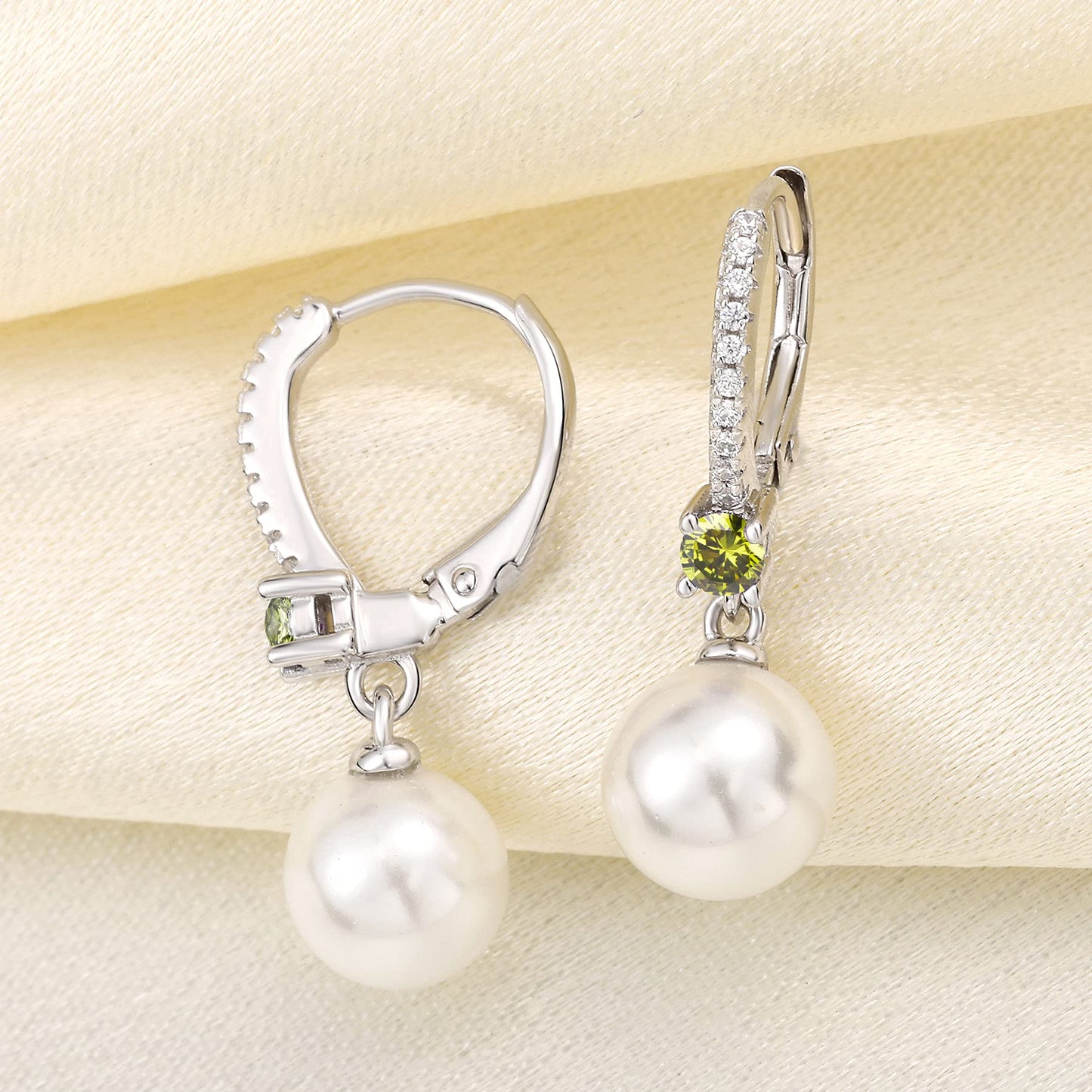 JO WISDOM Pearl Earrings,925 Sterling Silver 8mm Pearl Leverback Drop Earrings with 3A CZ August Birthstone Peridot Color,Jewelry for Women