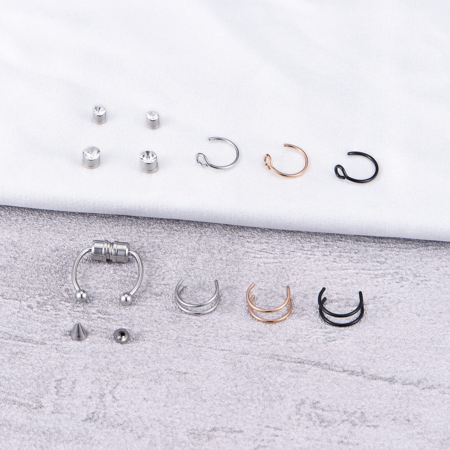 JFORYOU Fake Nose Ring Fake Septum Fake Nose Ring Hoop Faux Nose Piercing Spring Clip on No Pierced Non Piercing Faux Body Piercing Jewelry for Women Men Black Rosegold Silver