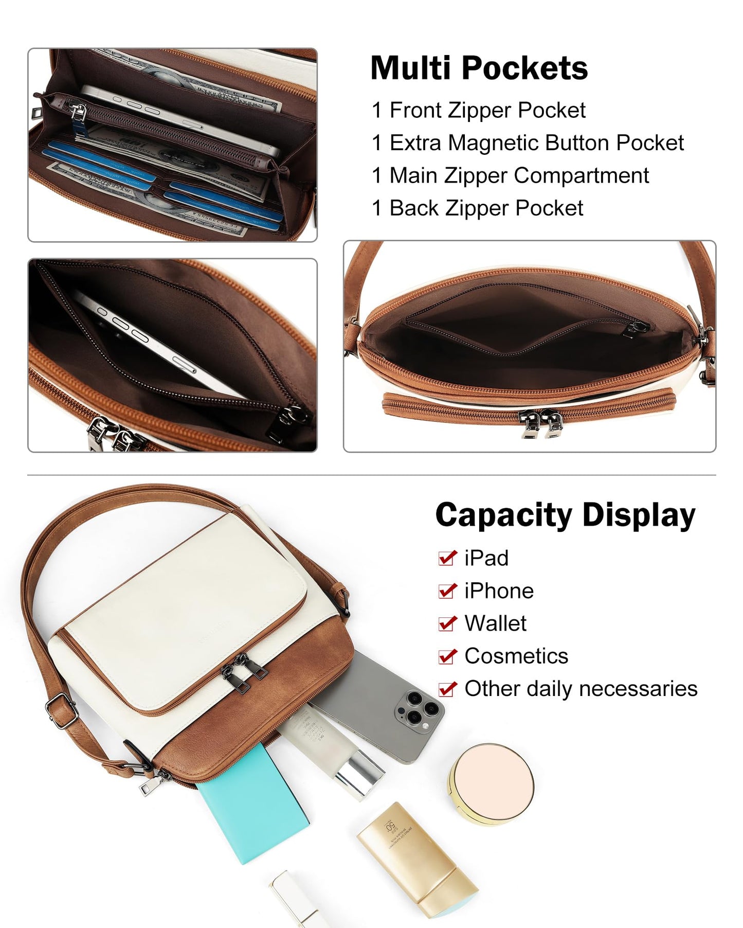 MASINTOR Crossbody Purse Bags for Women, Multi-Pocket Soft Leather Shoulder Purse, Lightweight Travel Handbag with Adjustable Strap Gypsum White with Brown