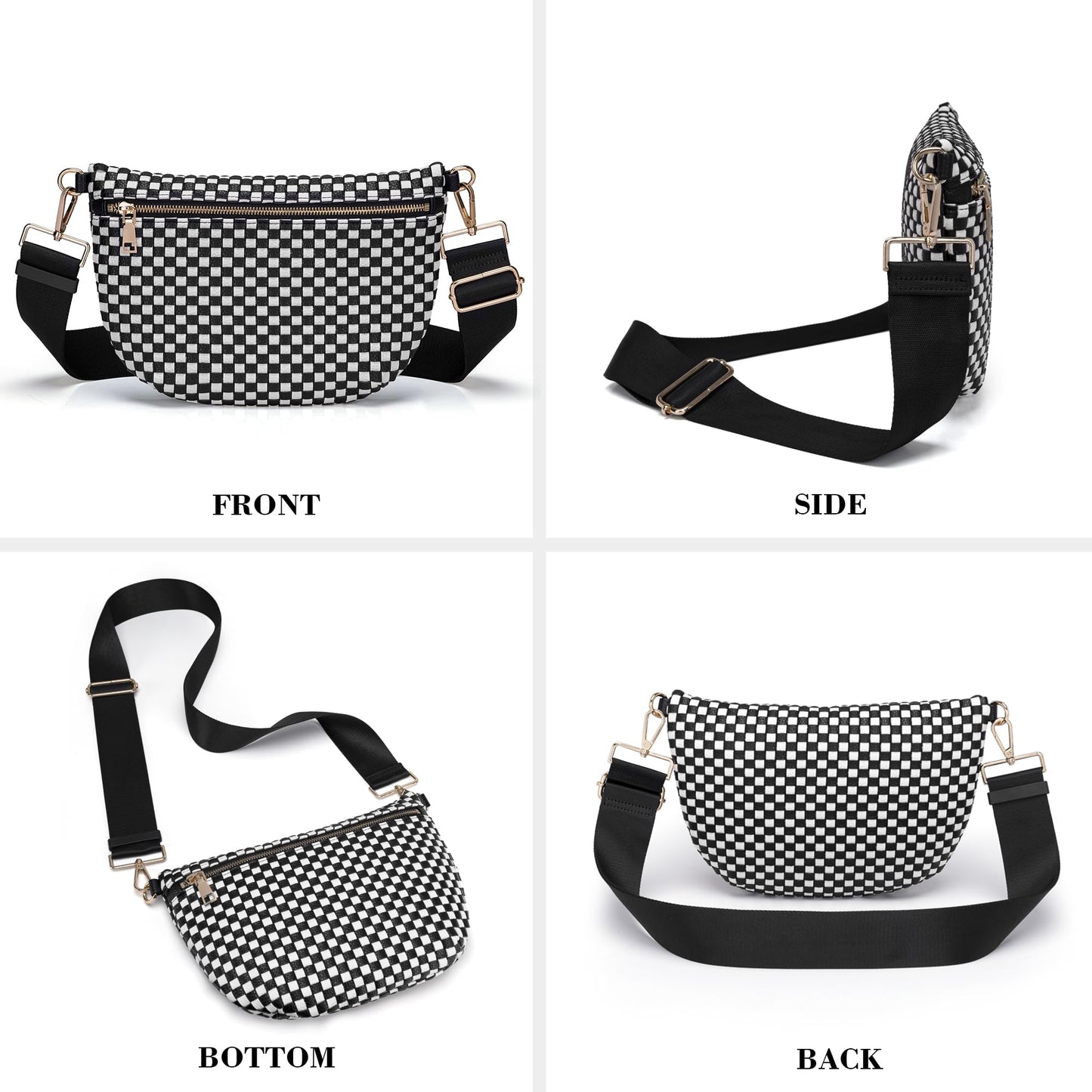 LANALULU Woven Crosssbody Bags for Women Trendy Vegan Leather Bum Bags Shoulder Purses Smooth Zip Fanny Pack with Adjustable Strap for Travel Festival Shopping Black White