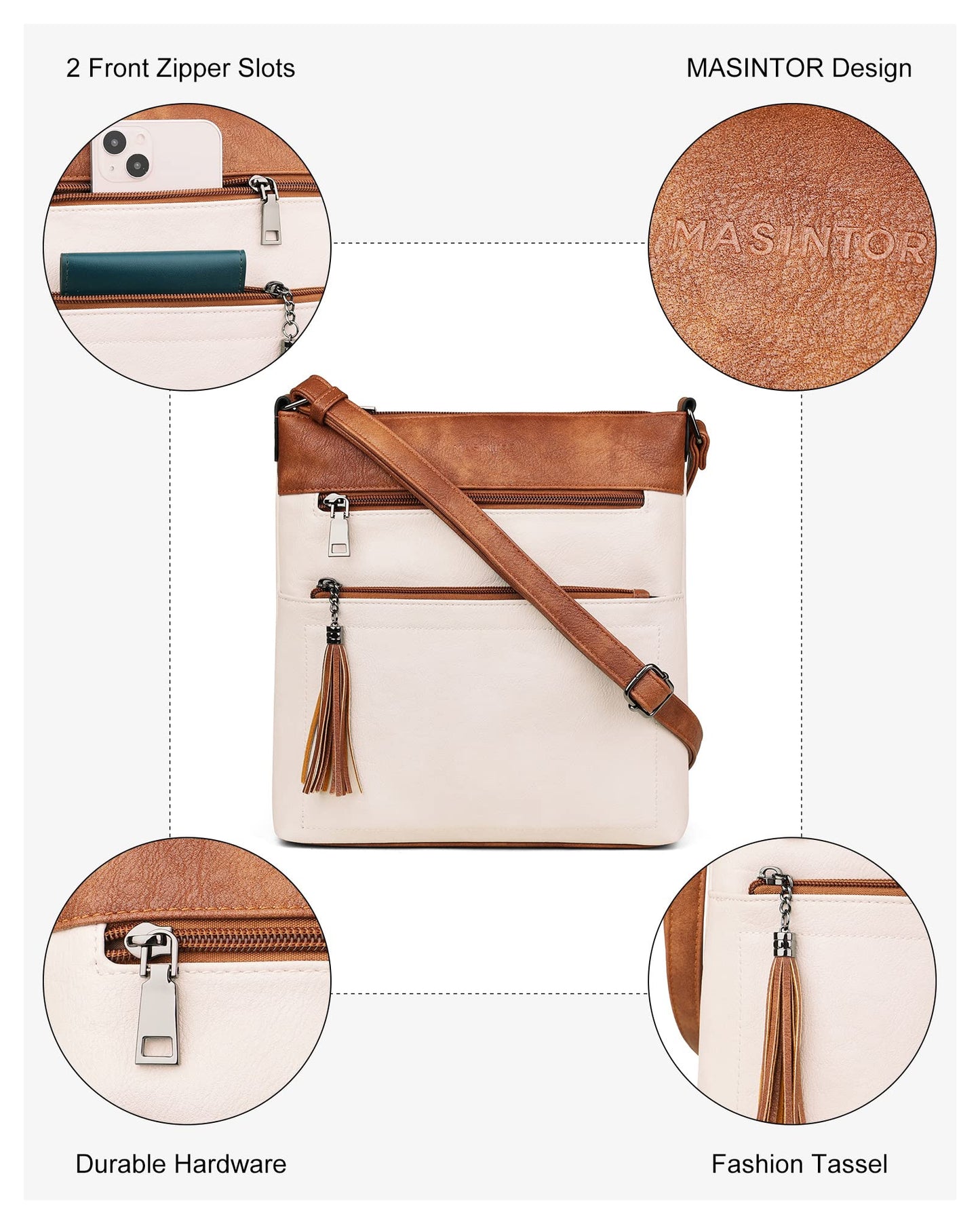 MASINTOR Crossbody Purses for Women, Multi Pocket Casual Crossbody Bag, Soft Leather Adjustable Strap Shoulder Bag with Tassel