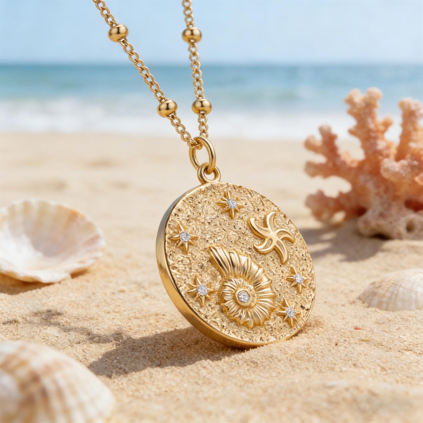 MEVECCO Dainty Gold Conch Shell Coin Pendent Necklace for Women 18K Gold Plated Shell Disc Necklace Boho Beach Handmade Ocean Jewelry for Holiday Gift