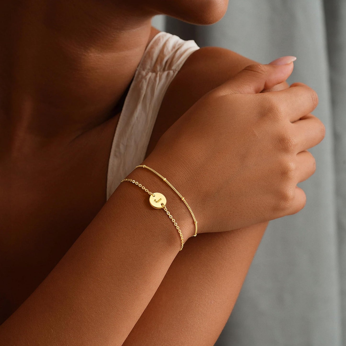 MONOZO Gold Initial Bracelets for Women, Dainty 14K-gold-plated Layered Beaded J Letter Initial Bracelet Personalized Alphabet Disc Monogram Charm Bracelet Jewelry Gifts