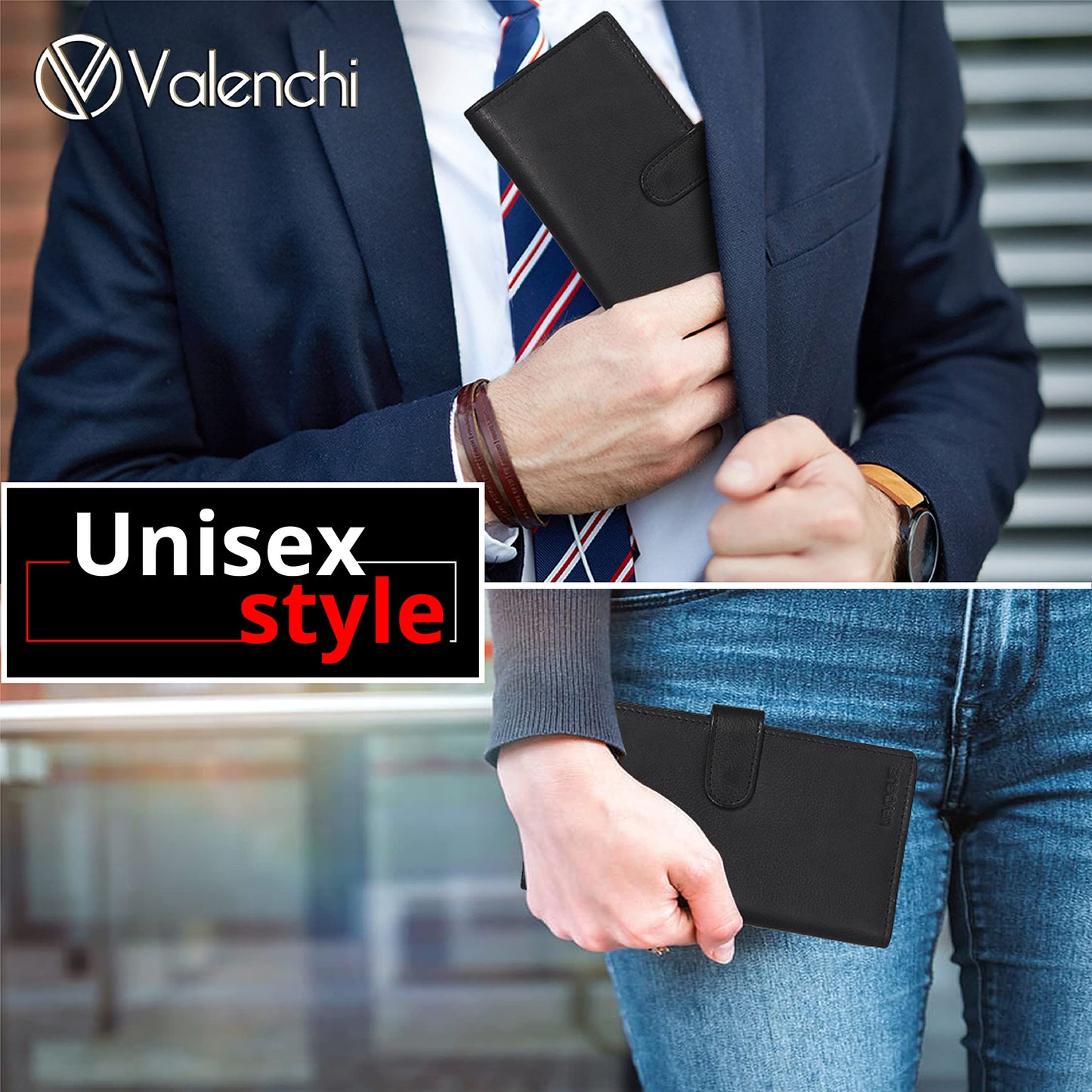 Leather Checkbook Cover for Men & Women - Duplicate Checks - RFID Blocking - Slim Long Wallet with 5 Card Holder Slots - Personal & Business Checks (Black Nappa)