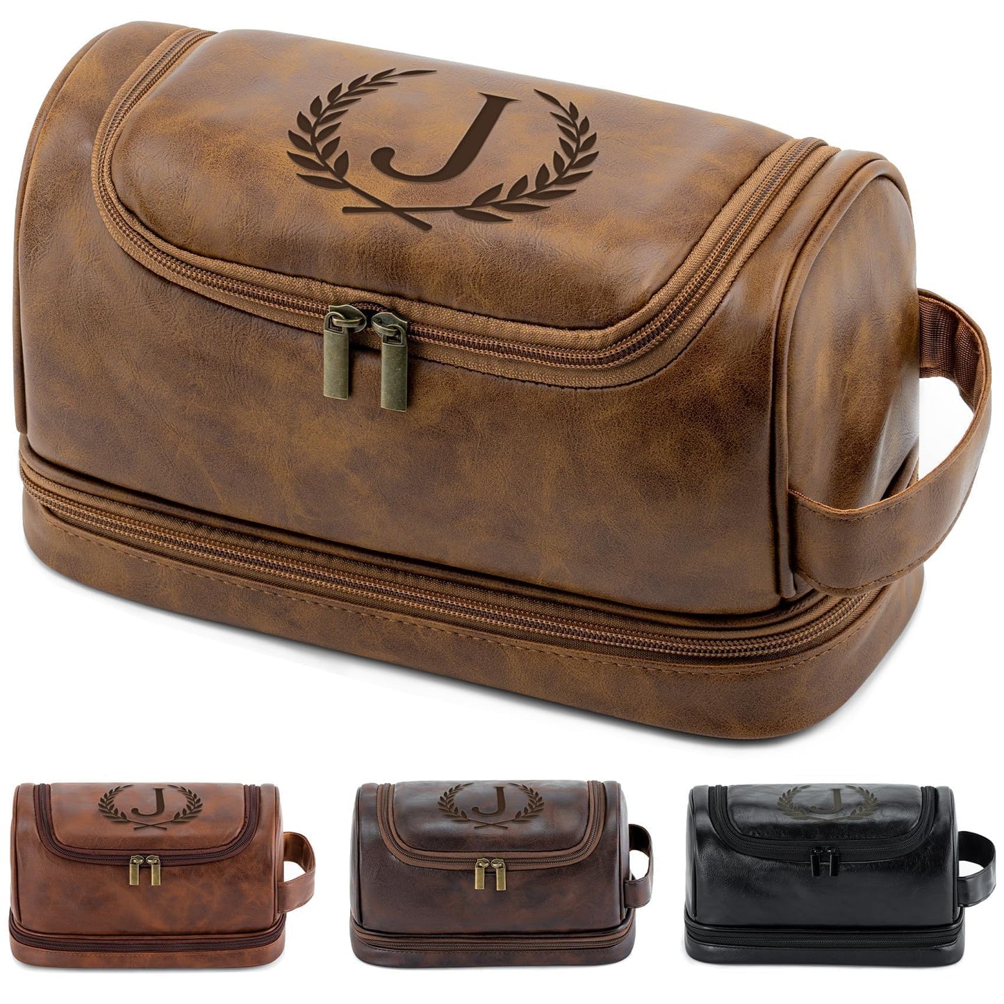 Aganmi Personalized Christmas Birthday Gifts Toiletry Bag for Men Dad Husband, Custom Initial PU Leather Waterproof Toiletry Organizer Dopp Kit Shaving Bag Travel Essential for Men, Light Brown J