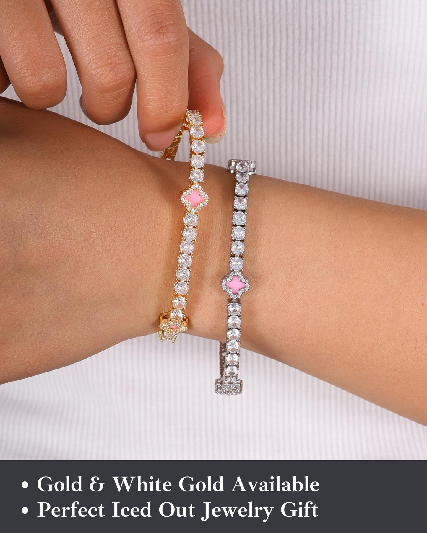 LuxeFlex 4mm Iced Out Clover Tennis Bracelet, White Gold Plated with 5A Zircon Stones, Handmade exquisite Hip Hop Jewelry, Perfect Unisex Gift (Gold-Pink,7)