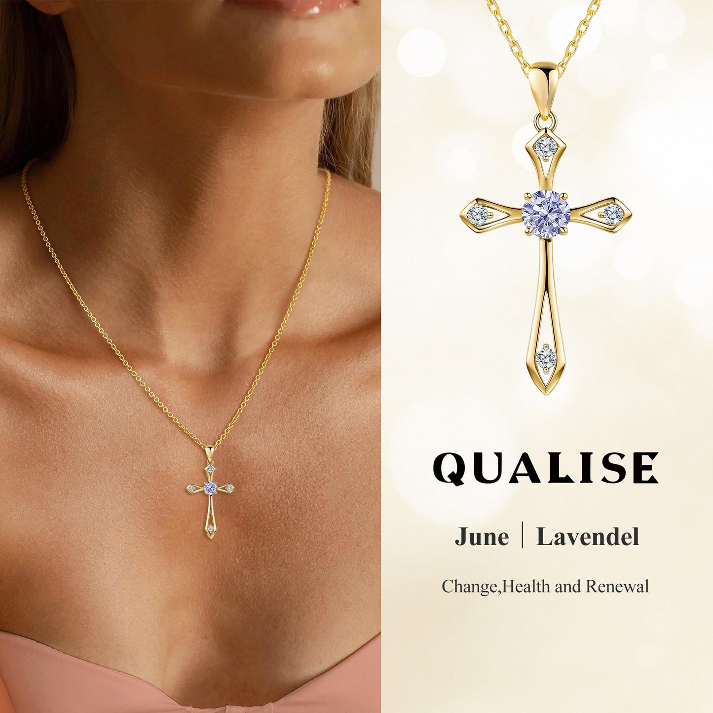 14K Gold Plated Solid Cross Necklace for Women,925 Sterling Silver Ladies Faith Cross Birthstone Pendant Christian Religious Confirmation Baptism Everyday Fine Jewelry Anniversary Birthday Gifts for Her