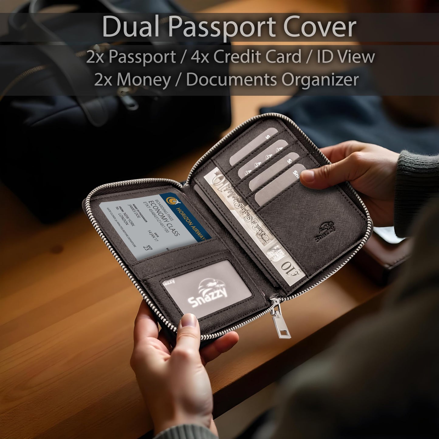 Snazzy Hawk RFID Travel Wallet Passport Holder w/Zipper - Organizer Bag for Travel Documents – Safety Essentials Cover for Men Women