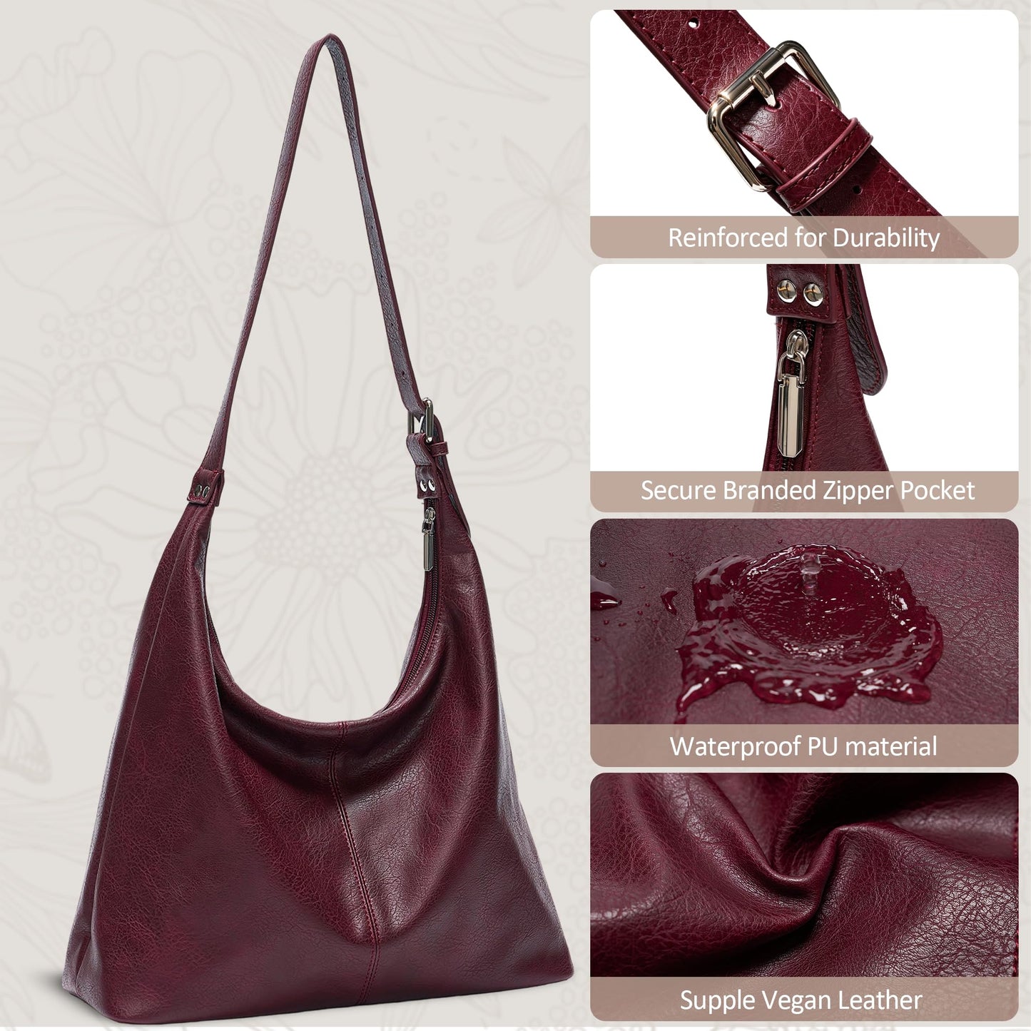 Hobo Bags for Women, Slouchy Shoulder Purse in Vintage Burgundy Vegan Leather, Large Handbag with Adjustable Strap & Center Divider Pocket