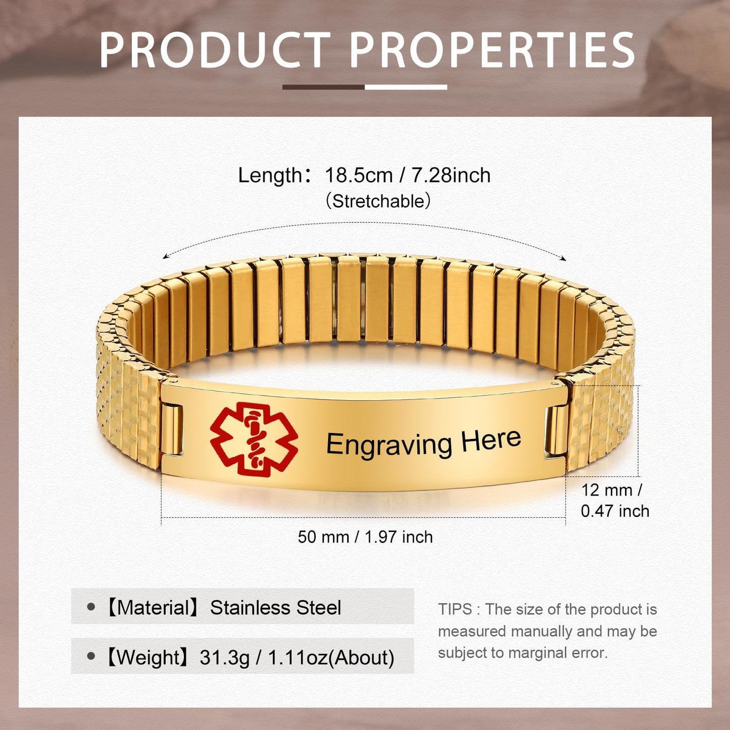Personalized Medical ID Bracelets for Men - Custom Emergency Alert Bracelet for Women Engraved Medic Info Elastic Stainless Steel Bracelets for Family Autism Allergy Diabetic Epilepsy (Gold, 18cm)