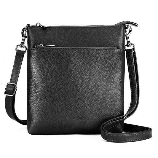 befen Small Black Genuine Leather Crossbody Purses for Women Travel Cross Body Bags with Adjustable Shoulder Strap