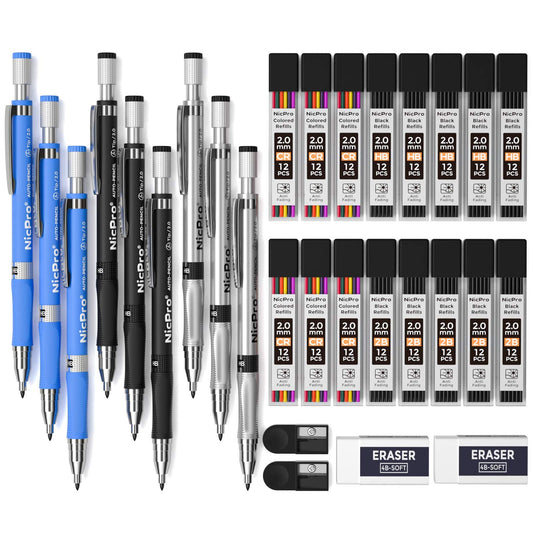 Nicpro 29 Pieces 2mm Mechanical Pencil Set, 9 PCS Drafting Carpenter Pencils 2.0 mm for Art Drawing Sketching construction with 192 Lead Refills Pre-Sharpen HB & 2B & Colors, 2 Erasers, 2 Sharpener