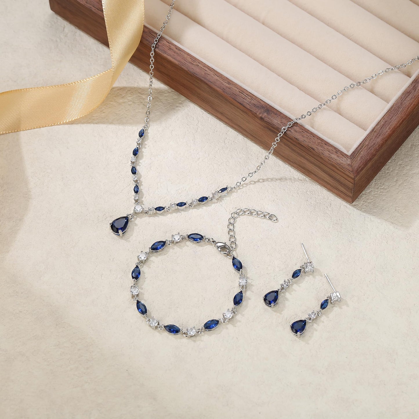 EVER FAITH Blue Cubic Zirconia Costume Party Jewelry for Women, Sparkly Sapphire CZ Elegant Teardrop Wedding Necklace Dangle Earrings Bracelet Set for Bridesmaid