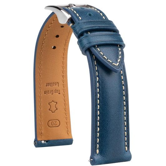 Gomvadr Vintage Genuine Top Grain Leather Watch Strap Quick Release, 18/19/20/21/22/24mm, Silver/Black Buckle, Universal Fit Unisex for Daily Wear (Blue with Silver Buckle, 19mm)