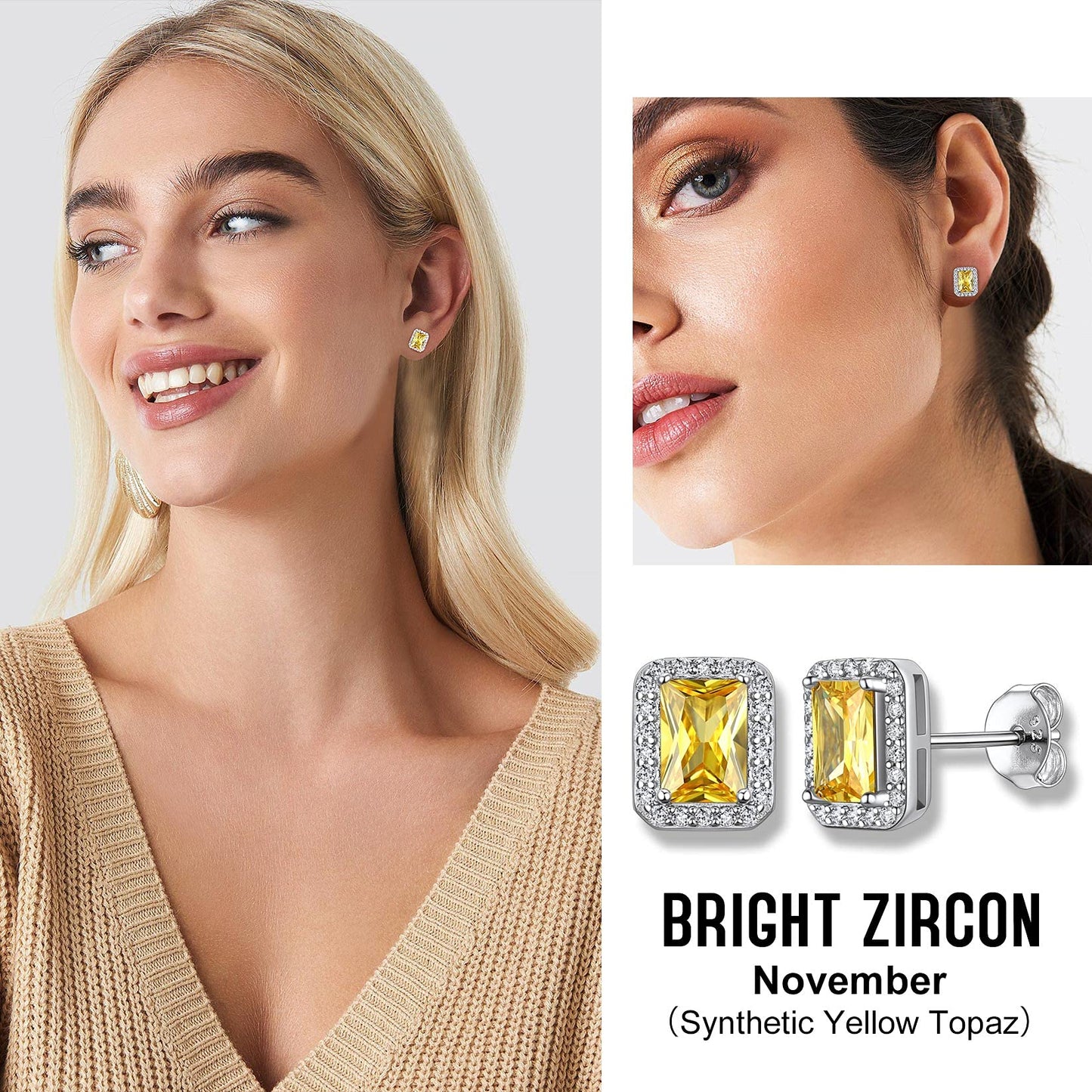 Bestyle Classic S925 Sterling Silver Love Square Earrings, Dainty November Critine Crystals Birthstone Studs, Anniversary/Mother’s Day/Birthday Jewelry Gifts for Women Mom/Wife/Sister/Best Friend