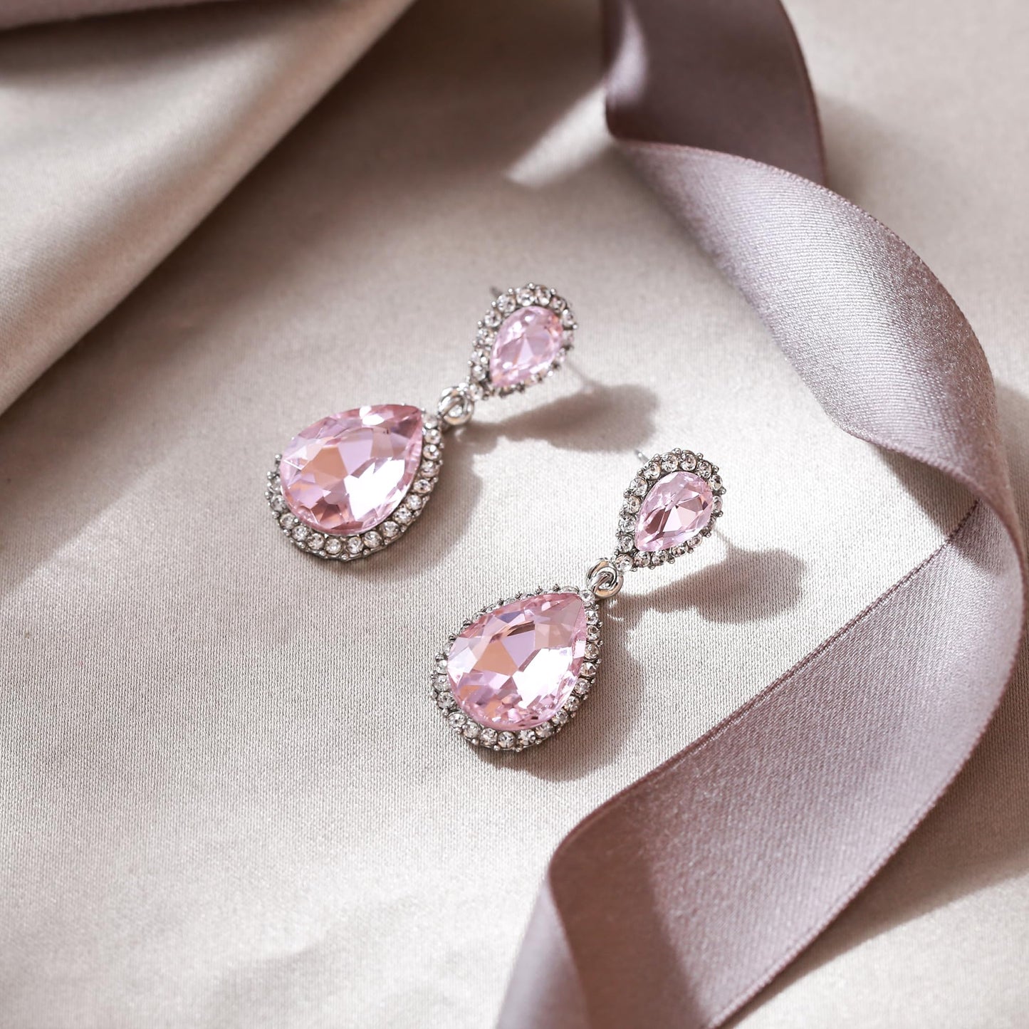 EVER FAITH Women's Austrian Crystal Wedding Tear Drop Dangle Earrings Pink Silver-Plated-Base