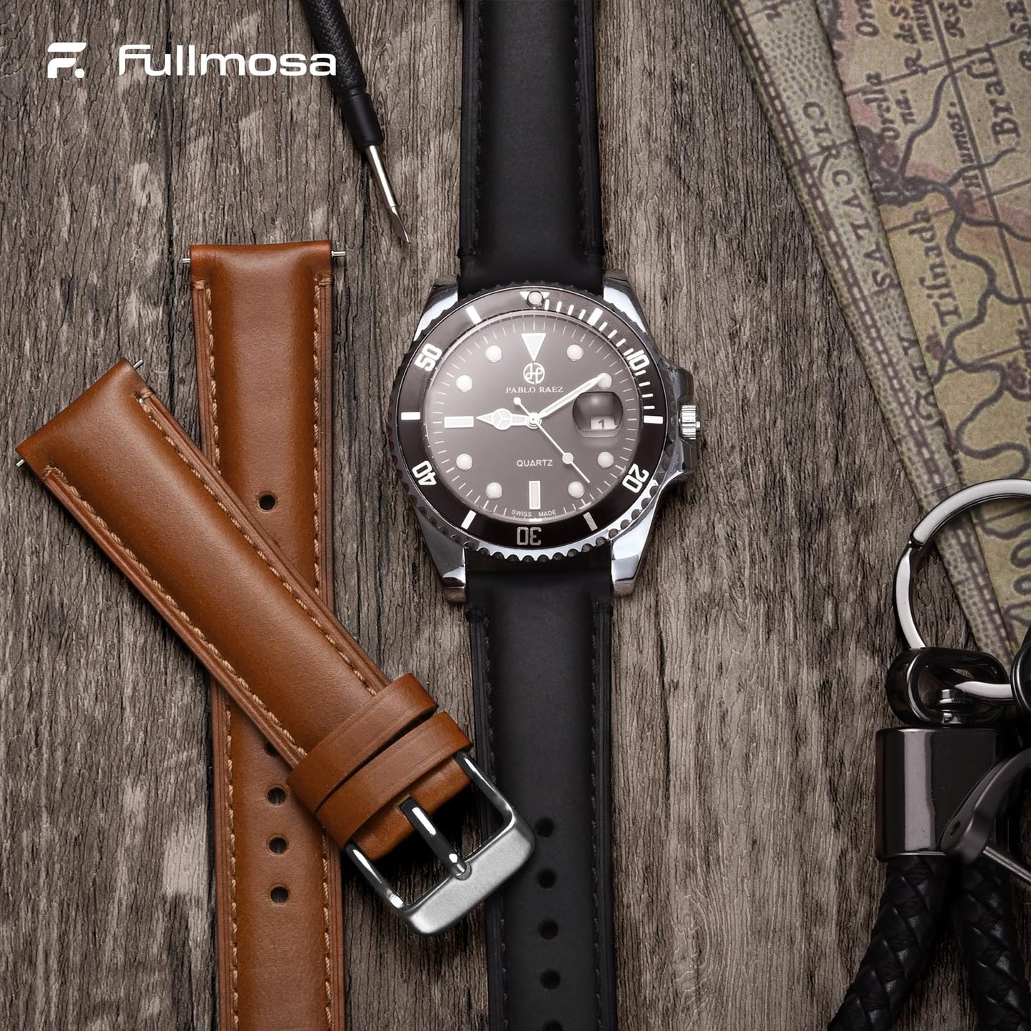 Fullmosa 18mm 20mm 22mm 24mm Leather Watch Bands, 2 Pack Soft Quick Release Watch Strap Compatible with Garmin Vivoactive 5/6/4/3, Venu 4/3S/2S, Samsung Galaxy Fossil Amazfit for Men Women,20mm Toffee Brown&Silver/Black&Black