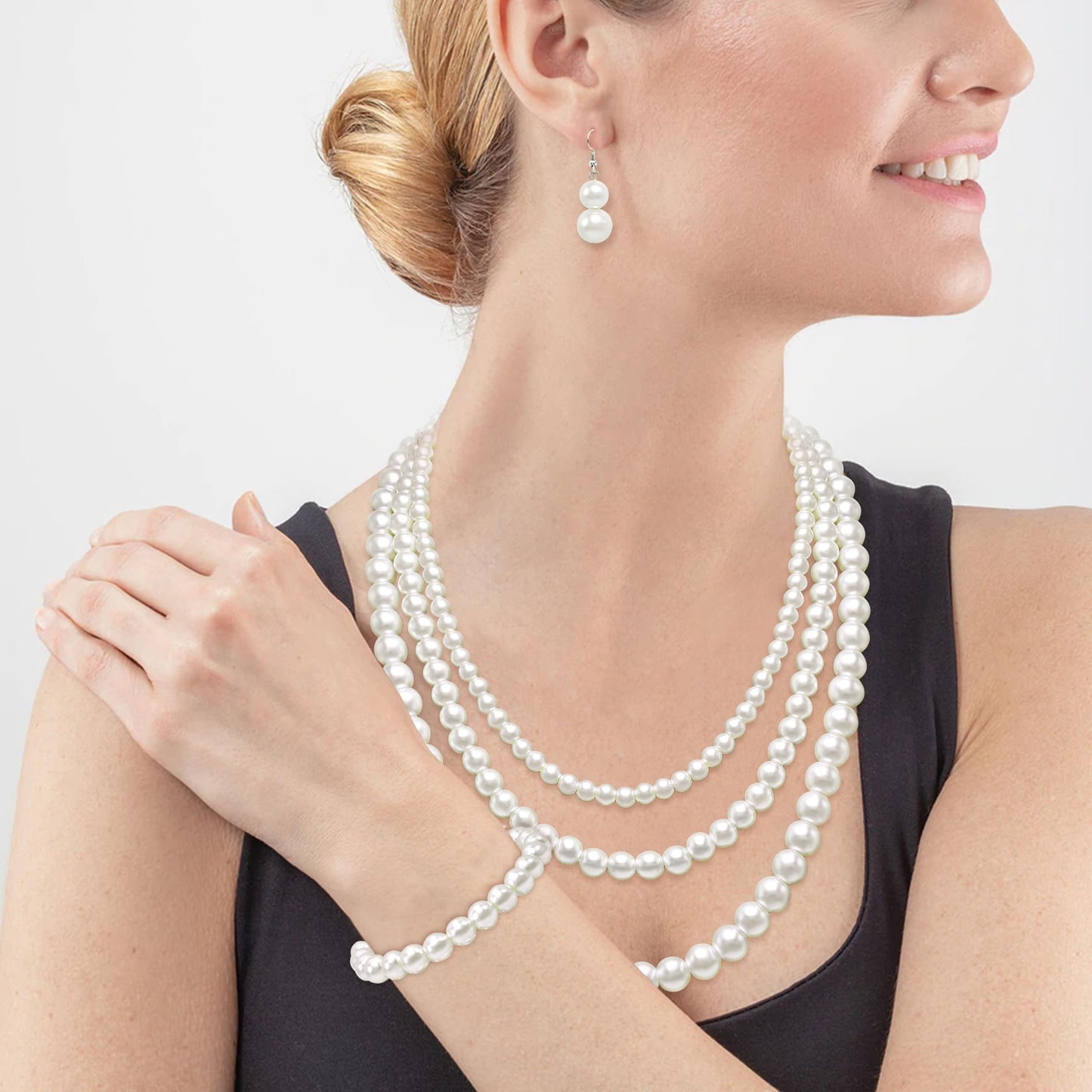 Cryshimmer Pearl Necklaces Earring Bracelet for Women Cream White Faux Pearl Beads Strand Layered Necklace Costume Jewelry Set(16"/18"/21")