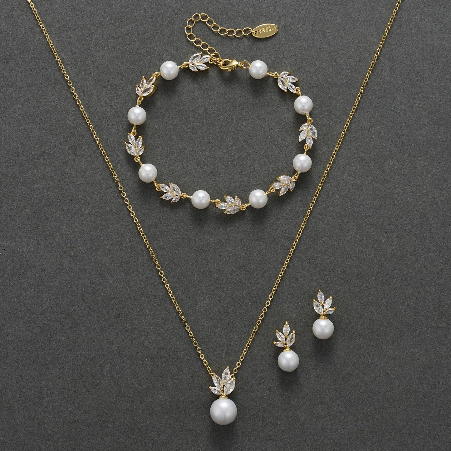 SWEETV Gold Bridal Jewelry Set for Wedding, Cubic Zirconia Pearl Floral Bridal Earrings Necklace Bracelet Set, Formal Prom Jewelry Set for Women