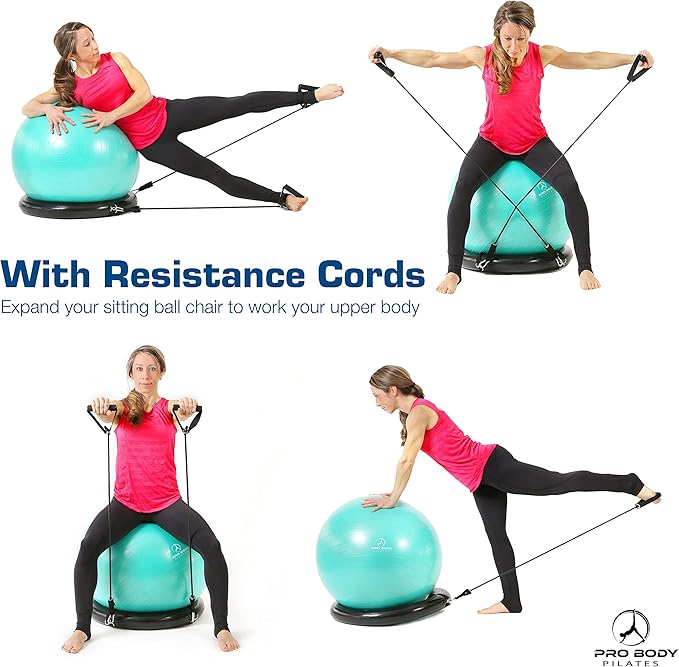 ProBody Pilates Yoga Ball Chair, Exercise Ball Chair with Base or Stand for Home Office Desk Sitting or Workout, 65cm Antiburst Balance & Stability Ball Seat, Large Gym Ball for Back, Abs