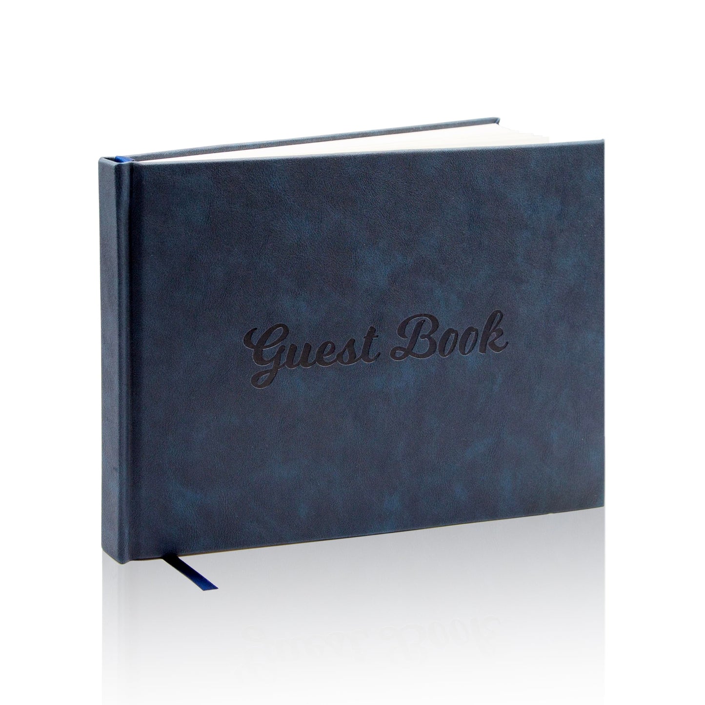 Modern Album Designs Navy PU Leather Guest Book - 9.5 x 7 Embossed Guestbook with Name Address Message Lines for Wedding Funeral Retirement Party, 140 GSM Paper, 120 Pages