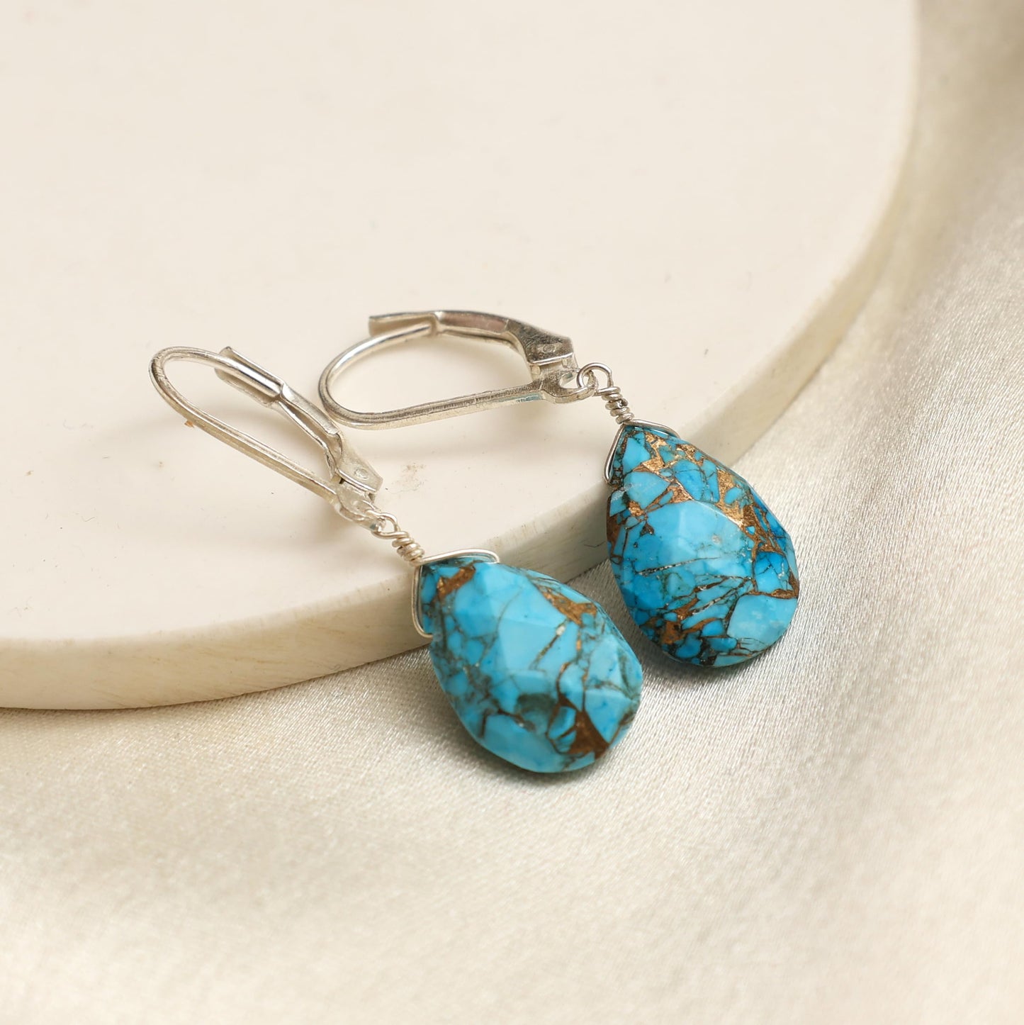 GemInspire Natural Copper Turquoise Teardrop Gemstone Earrings for Women – 925 Sterling Silver Leverback Lightweight Crystal Drop Dangle Earrings Handmade Gift for Mom Wife Girlfriend