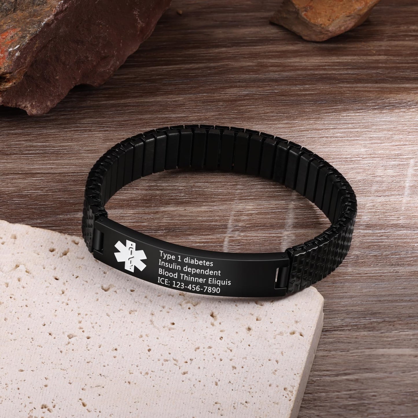 Bijouweled Medical Alert Bracelet for Women Men 7.5 to 9.8 Inches Emergency ID Bracelets Free Engraving Personalized Medic Alert Bracelet for Adult (Black 7.3inch stretchable)