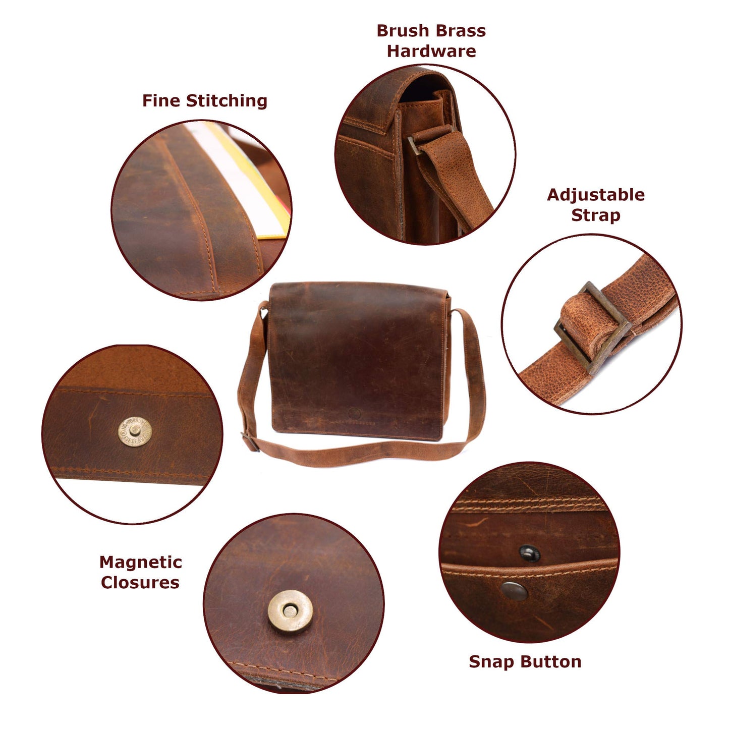 L LEATHERESQUE Chelsea Handmade Genuine Leather Crossbody Laptop Messenger Shoulder Bag 14 inch Satchel for Men and Women Crazy Horse Distressed Vintage Brown