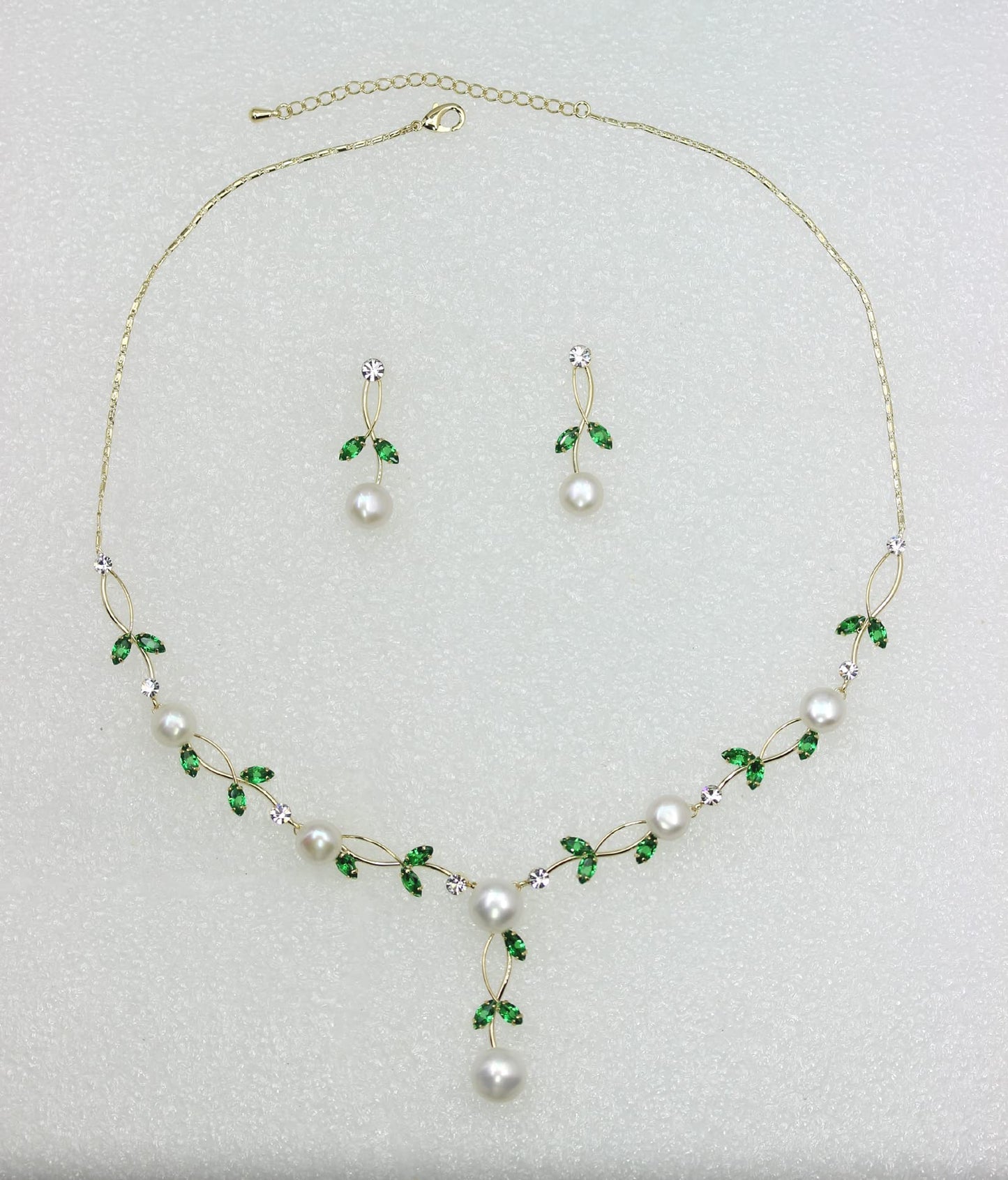 Faship Gorgeous CZ Crystal Genuine Freshwater Pearls Floral Necklace Earrings Set - Green/Gold Plated