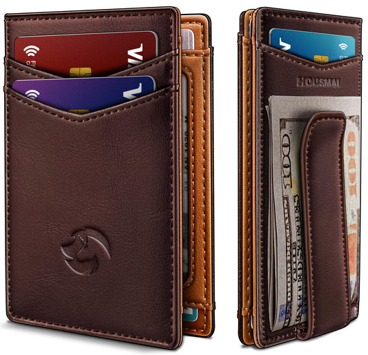 Housmai Magnetic Closure Slim Wallet for Men with Money Clip Gift Boxed,Genuine Leather Front Pocket Wallet, 3.9"x 2.7", RFID Blocking