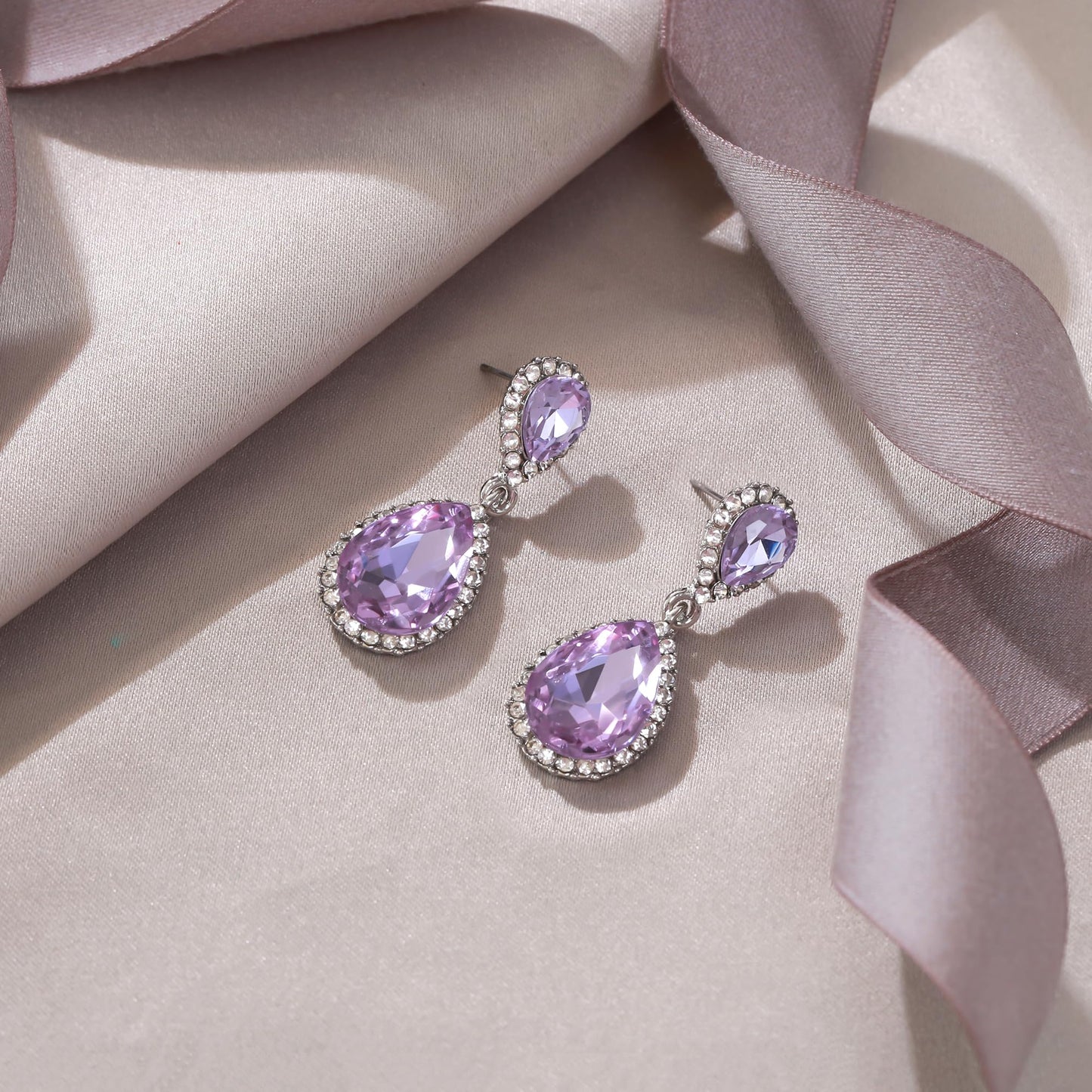 EVER FAITH Austrian Crystal Dangle Earrings, Elegant Wedding Party Prom Waterdrop Pierced Earrings Light Purple