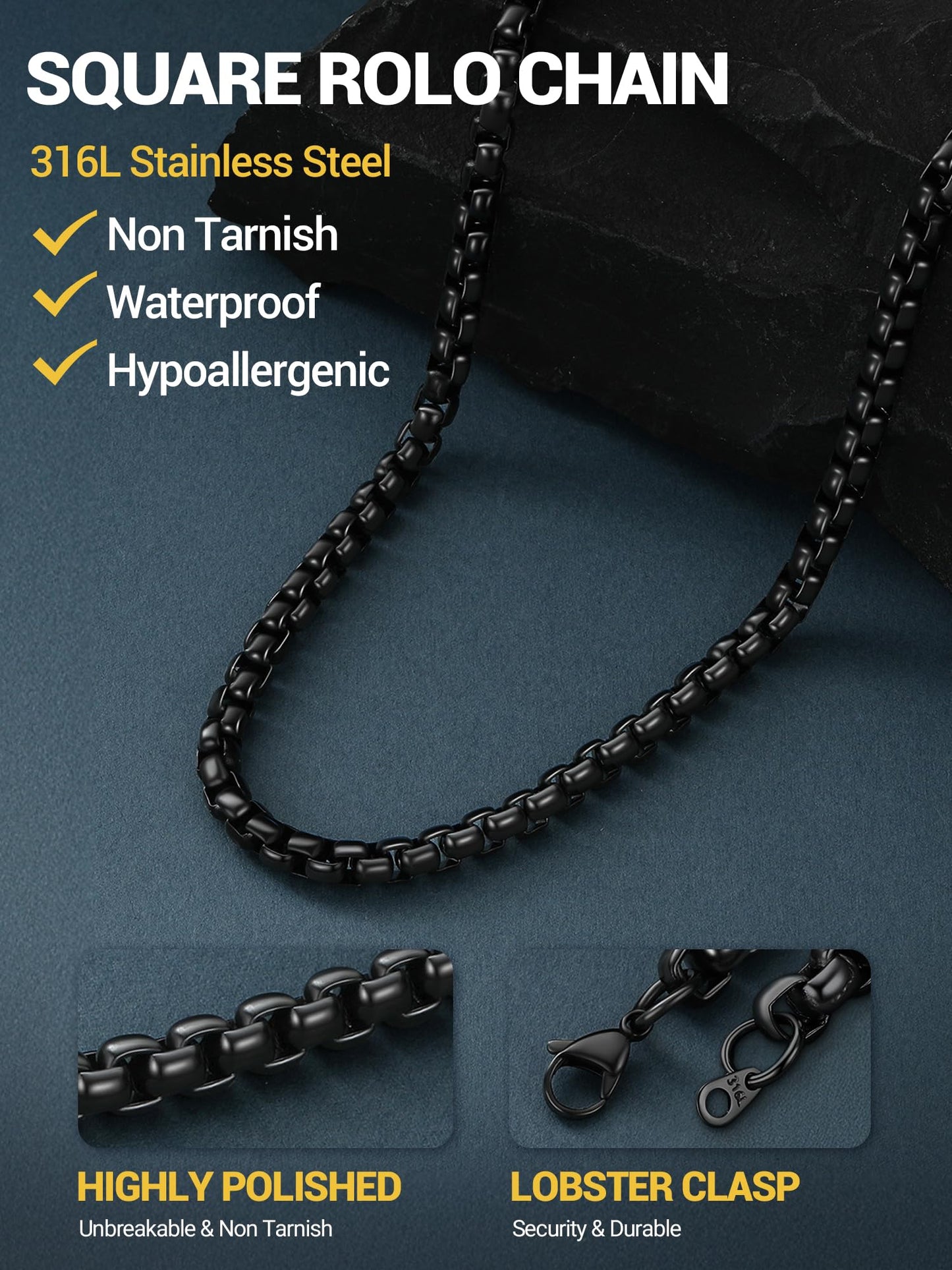 PROSTEEL Squre Rolo Link Chains, Black Stainless Steel Chain Necklace Waterproof & Non Tarnish 6mm Link Chains for Men and Women Jewelry with Gift Box 18in