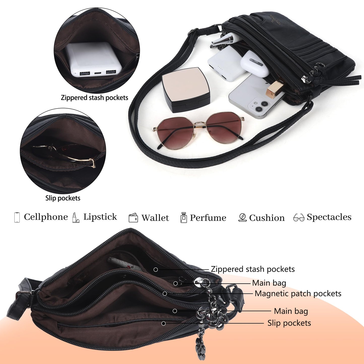Angel Kiss Small Crossbody Bag for Women Leather Crossbody Purse Triple Compartments Cell Phone Purse Shoulder Bags for Women,Black