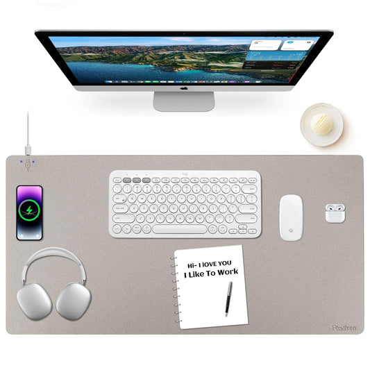 Wireless Charging Mouse Pad Firelison 2 in 1 Leather Multifunctional Office Desk Pad with Non-Slip Rubber Base, Waterproof Desk pad for Computers/Office/Work/Home/Decor（ 36" x 17"Grey - L）