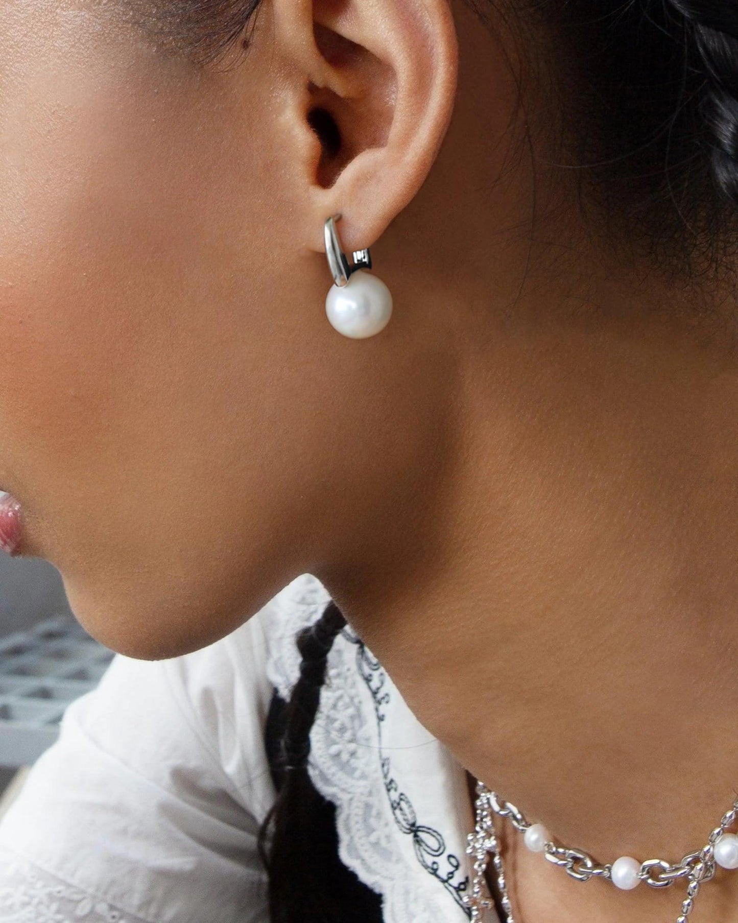 12mm Shell Pearl Drop Earrings, Simple Silver Plated Square Hoop Earrings, Dainty Wedding Jewelry for Bridal