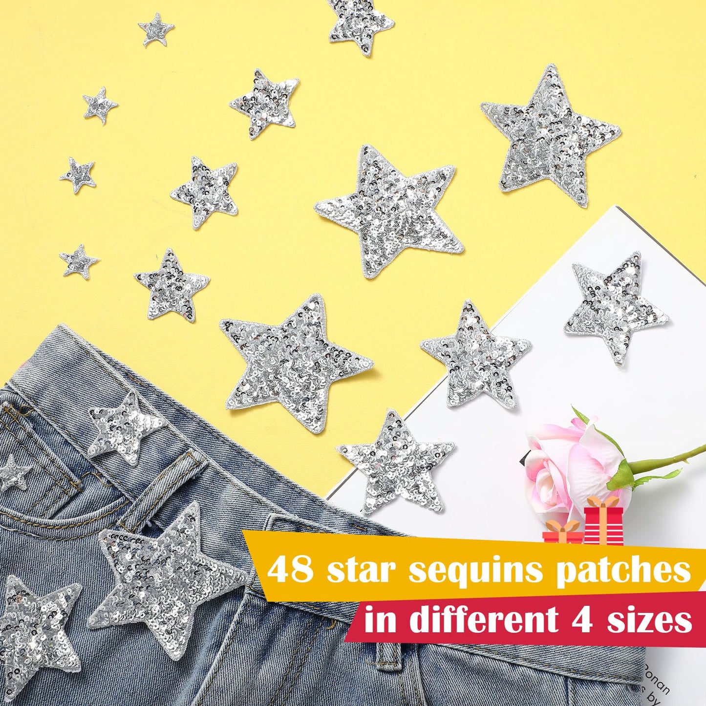 Giegxin 48 Pcs Star Sequin Patches in 4 Sizes Iron on Shiny Patches Embroidered Decorative Appliques for Hats Bags Jackets Jeans Backpacks Costume Clothing Accessory(Silver)