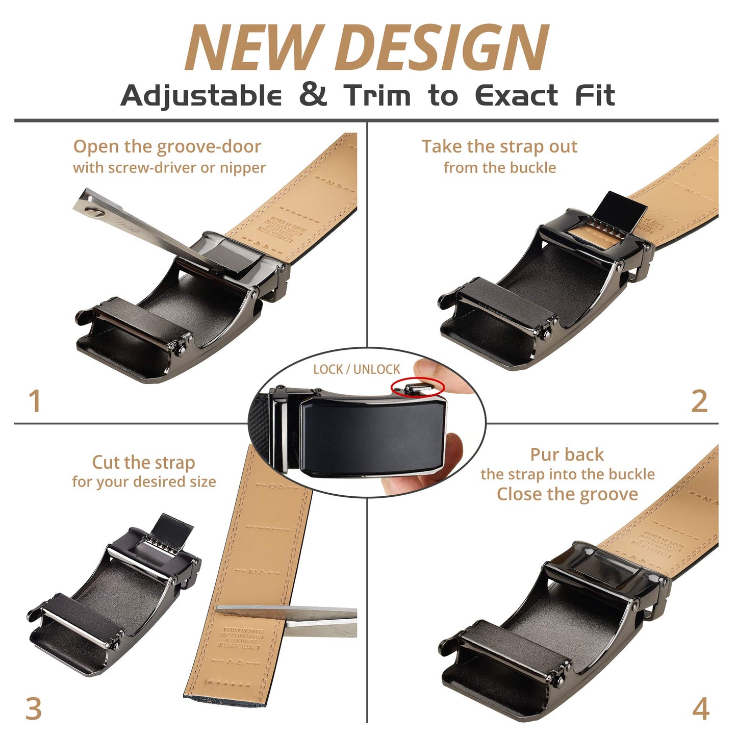PlusZis 28"-68" Men's Leather Ratchet Dress Belt Big And Tall With Automatic Buckle