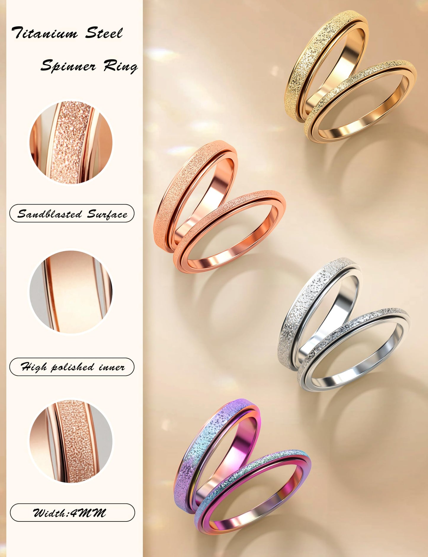 Diamday Fidget Rings for Women Men - 4mm Rose Gold Spinner Stainless Steel Ring for Anxiety Stress Relief Glitter Sandblast Spinning Figit Anxiety Jewelry for Wedding Promise Size 9