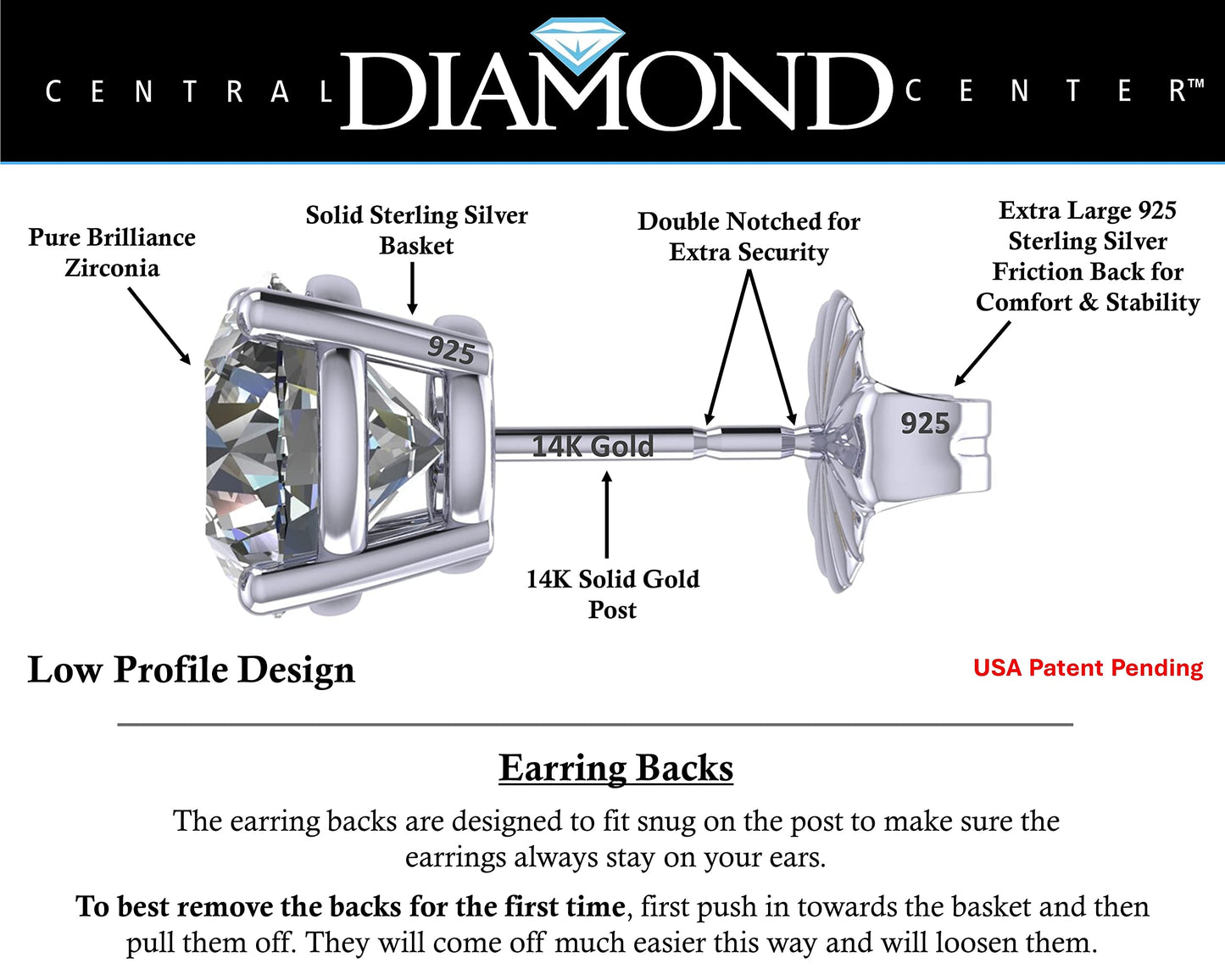 Central Diamond Center 14K Solid Gold Post & Sterling Silver Made with Swarovski 4 Prong CZ Stud Earrings - Platinum Plated - 6.50mm - 2.00cttw